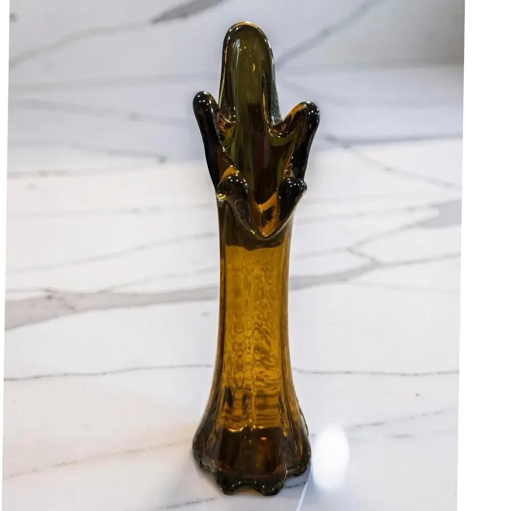 Vintage 5 Finger Swung Stretch Art Glass Vase - Amber Brown - 10.25